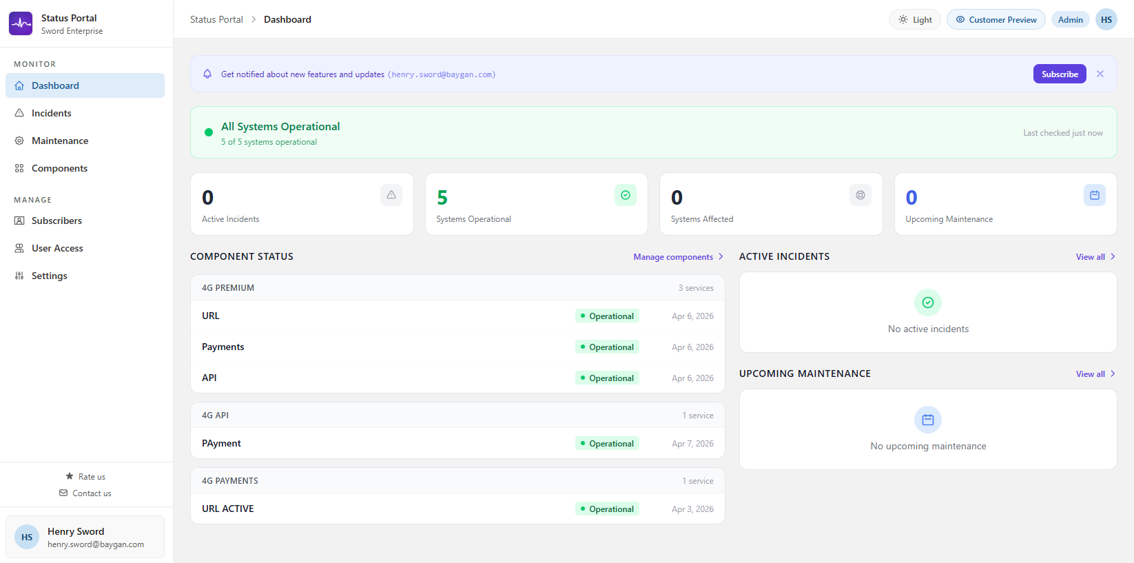 Status Portal admin dashboard showing operational components, active incidents, and upcoming maintenance